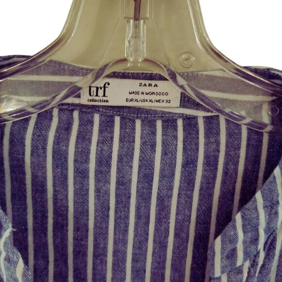 ZARA trf Collection Relaxed Linen/Cotton Blend Striped Blue White Tunic Shirt - Picture 4 of 14